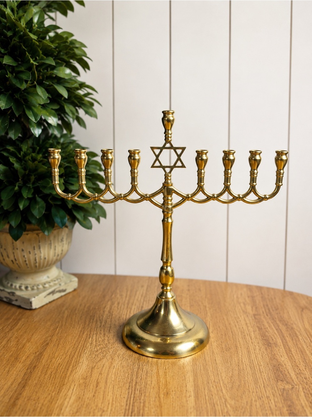 Vintage Solid Brass 9-Light Hanukkah Menorah with Star of David 11” Tall